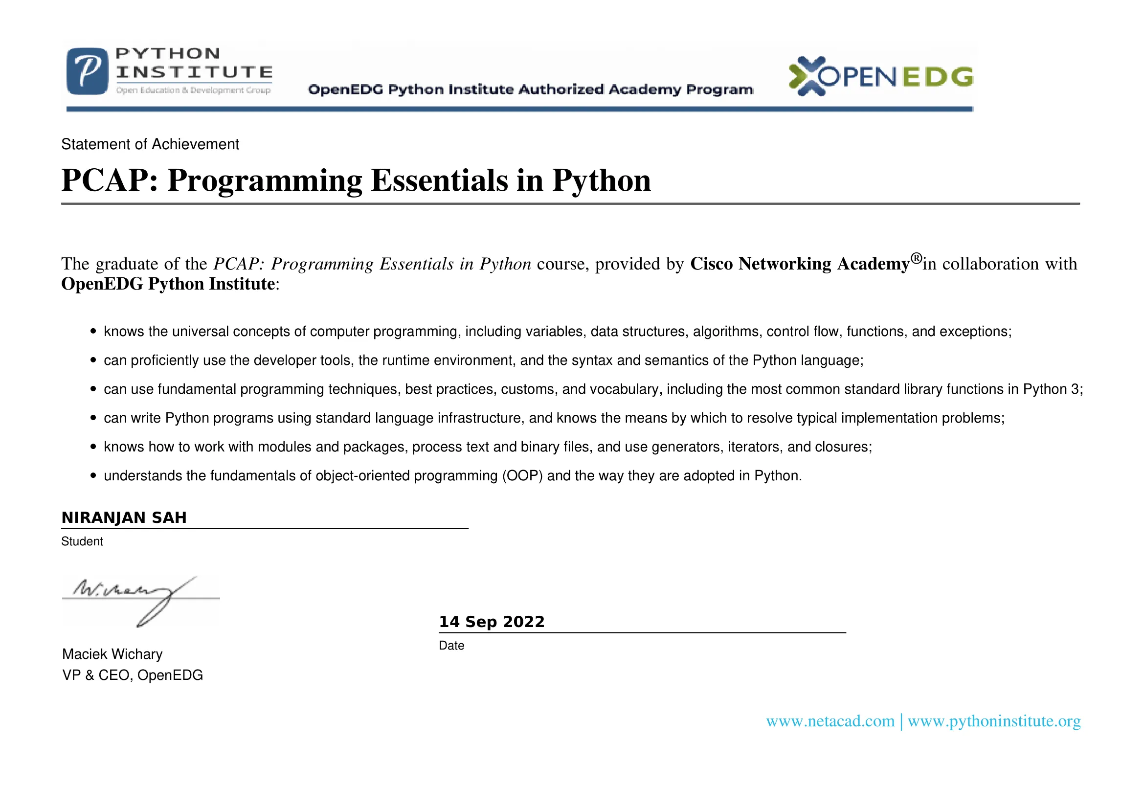 PCAP: Programming Essentials in Python certificate